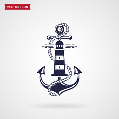 Nautical emblem with anchor, lighthouse and rope.
