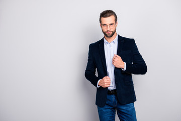 Portrait of sexy attractive flirty graceful stunning classy groomed harsh confident millionaire chic man dressed in classic jacket checkered shirt jeans posing isolated on gray background copy-space