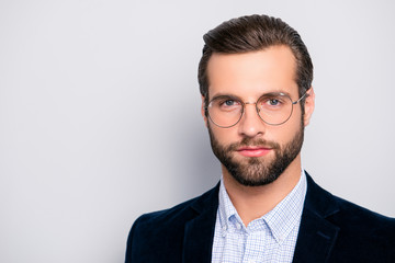 Close up portrait of strict attractive serious handsome wealthy luxurious elegant fashionable...