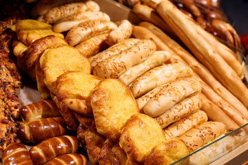 Delicious fresh bakery on shelf in supermarket