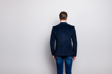 Rear back behind view photo of stunning well-dressed groomed brutal classic posh elegant modern handsome attractive entrepreneur, dark blue velvet blazer jeans, isolated on gray background copy-space