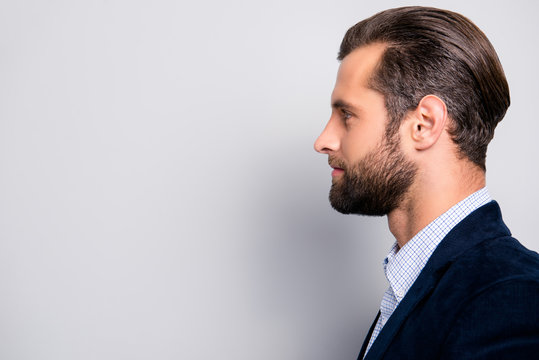 Profile side view half-faced portrait of attractive groomed elegant dreamy successful stunning chic freelancer, dark blue velvet blazer checkered shirt, isolated on gray background copy-space