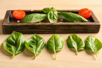 Fresh basil leaves on light background