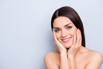 Cream lotion product mask scrub balm femininity advertisement concept. Portrait of cute woman enjoying idyllic tone foundation of skin having perfect permanent of eyebrow isolated on grey background