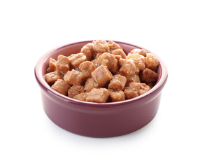 Bowl with pet food on white background