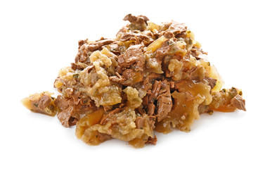 Pile of pet food on white background