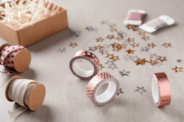 Items for scrapbooking on grey background