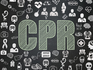 Health concept: Chalk Green text CPR on School board background with  Hand Drawn Medicine Icons, School Board