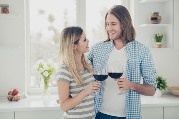 Portrait of lovely romantic couple spending weekend indoor looking at each other drinking red wine clinking glasses enjoying holiday. Idyllic daydream delight concept