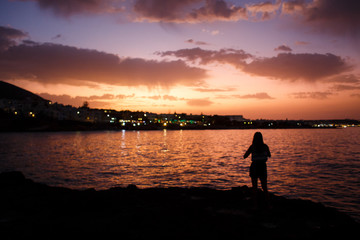  Silhouette of a girl who admires the beautiful sunset by the sea