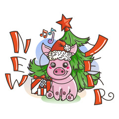 Happy New 2019 Year card with cartoon baby pig. Small symbol of holiday.
