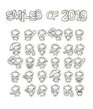Collection of cutest pig character icon set with different emotions. Vector illustration for new 2019 year.