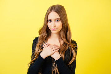 portrait of young and beautiful attractive cute ( teenager school girl) woman model with long hair...