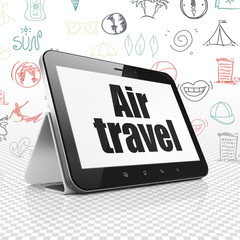 Travel concept: Tablet Computer with  black text Air Travel on display,  Hand Drawn Vacation Icons background, 3D rendering