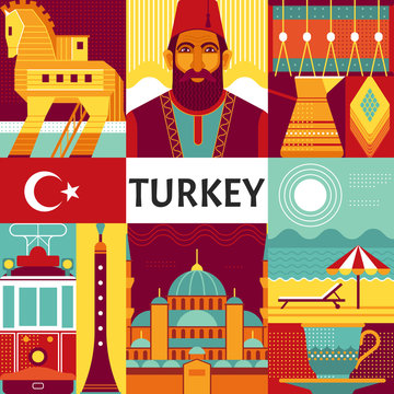 Turkey travel poster concept. Vector illustration with Turkish culture objects, popular places and symbols, such as Turks in national costume, Trojan horse, Blue Mosque and old tram in flat style.