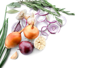 Fresh onions with garlic on white background