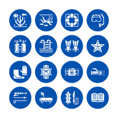 Scuba diving, snorkeling flat glyph icons. Spearfishing equipment - mask tube, flippers, swim suit, diver. Water sport, summer activity silhouette signs. Pixel perfect 64x64.