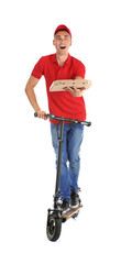 Young man with pizza box and kick scooter on white background. Food delivery service