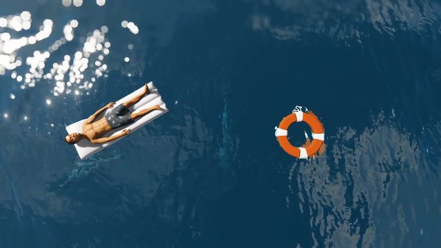 Man and Lifebuoy Floating on Sea with Sharks Swimming, 4K