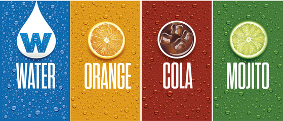 Drinks and juice background with drops and orange and lime slice