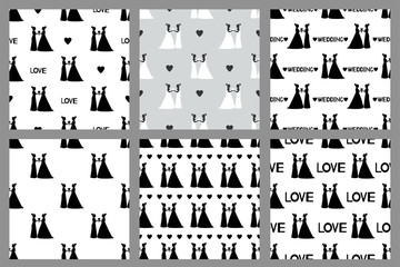 Wedding set. Seamless patterns with silhouettes of the brides. Same-sex marriage.