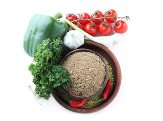 Composition with fresh and dry spices on white background