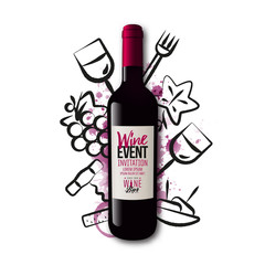 Background wine icons drawn with strokes. Wine bottle illustration. Red wine stains background. Idea for wine event, wine tasting, party with food and drink.