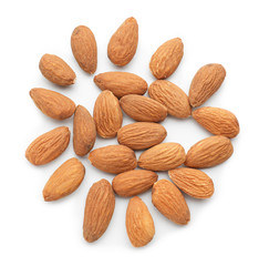 Tasty almonds on white background