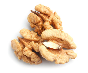 Tasty walnuts on white background