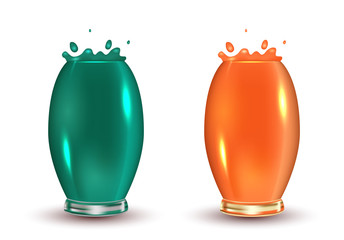 Set of realistic glasses with colorful cocktails and a splash of juice. Objects separate from the background. Vector element for your creativity