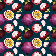 passion fruit. mangosteen. Hand drawn on black background. watercolor  illustration tropical fruit,seamless pattern
