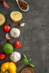 Composition with various healthy products on grey background