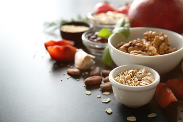 Various healthy products on table