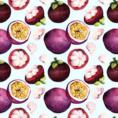 passion fruit. mangosteen. Hand drawn on white background. watercolor  illustration tropical fruit,seamless pattern