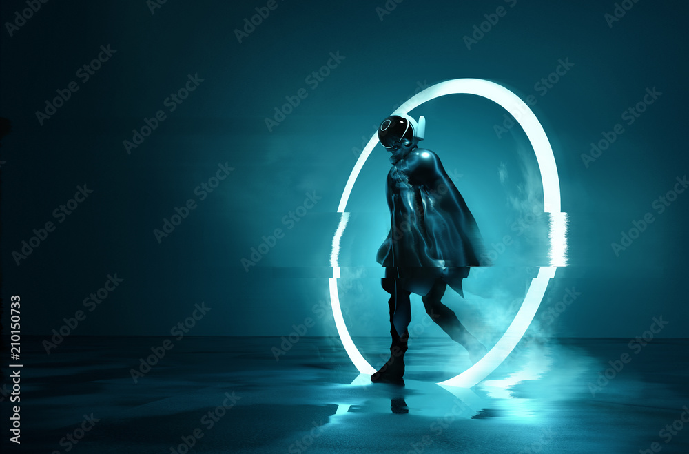Wall mural exiting the void. a futuristic space astronaut exiting a glowing loop through time. conceptual 3d il