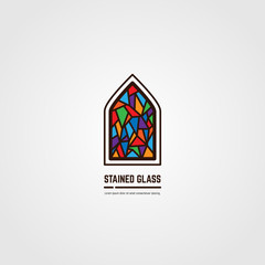 Colorful stained glass window. Logo, emblem or icon with text. Thick line style flat style linear vector. Architecture, religious or gallery. Bright stain glass and color window.