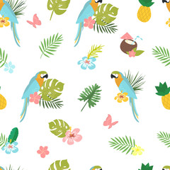 Obraz premium Seamless vector cartoon doodle pattern. Exotic tropical texture for printing, web design, poster template. Collection of funny elements