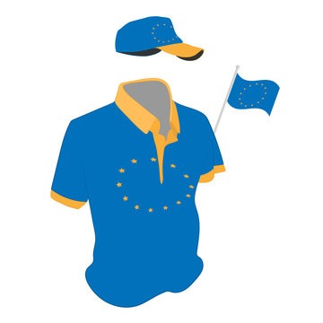 travel clothes set: t-shirt, baseball cap and shorts in Europa Union flag colors. vector drawing illustration