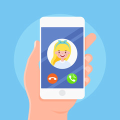 Incoming call on smartphone screen.  Flat vector illustration.
