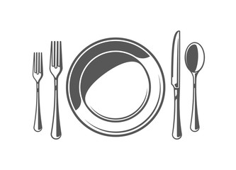 Spoon, fork, knife and plate