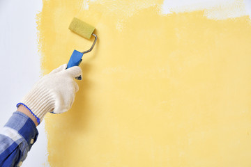 Painter using roller brush indoors