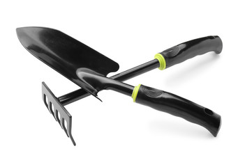 Gardening tools on white background