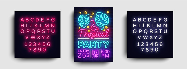 Tropical party poster neon vector. Summer party design template, bright neon brochure, modern trend design, light banner, typography invitation to the party, postcard. Vector. Editing text neon sign