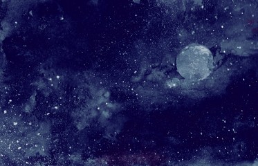 Abstract watercolor space background. Galaxy and planet