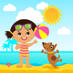 Obraz na płótnie Canvas Happy Holidays. Cute Summer Girl Cartoon Vector. Summer Time Vector Illustration. Girl Playing Ball With A Dog. Kids Sea Vacation Theme. Baby On The Beach Vector. Childhood Memories.