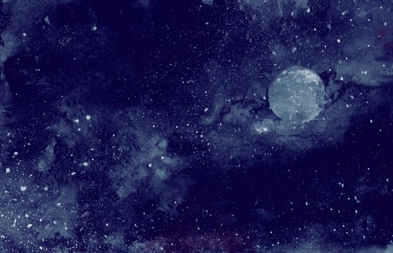 Abstract Watercolor Space Background. Galaxy And Planet