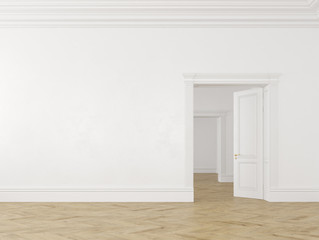 Classic scandinavian white empty interior with doors and parquet.