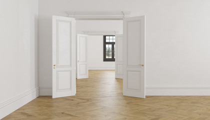 Classic scandinavian white empty interior with open doors, parquet and window.