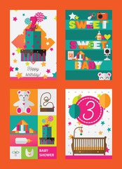 Vector vertical cards with family and kids objects for invitation and celebrating birthday, baby shower and family events. Bright set in vivid colors, good for print and web