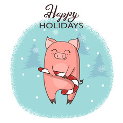 Christmas card with cute cartoon pig with xmas candy cane. Vector holiday poster.